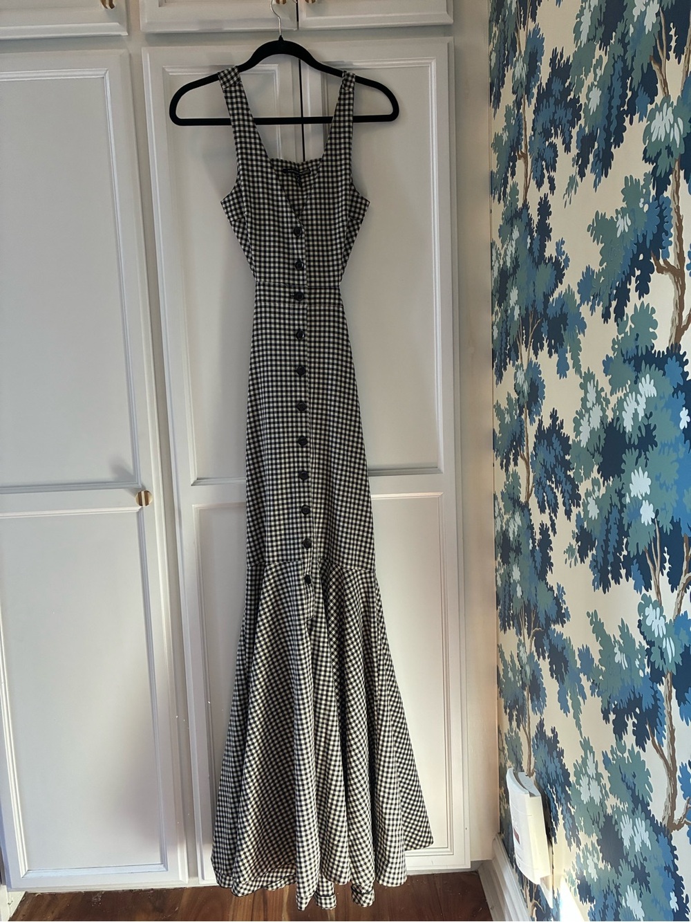 Marissa Webb Black and White Gingham Button-Front Backless Long Dress